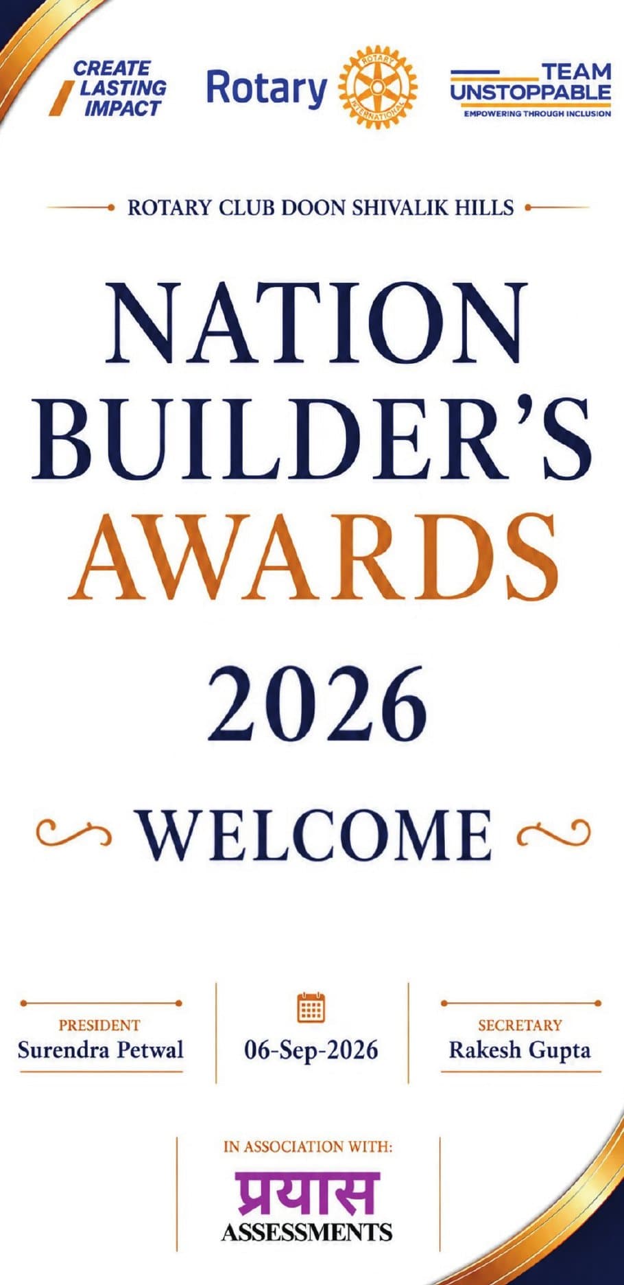 Welcome standee for the Nation Builders Award 2026, Rotary Club Doon Shivalik Hills